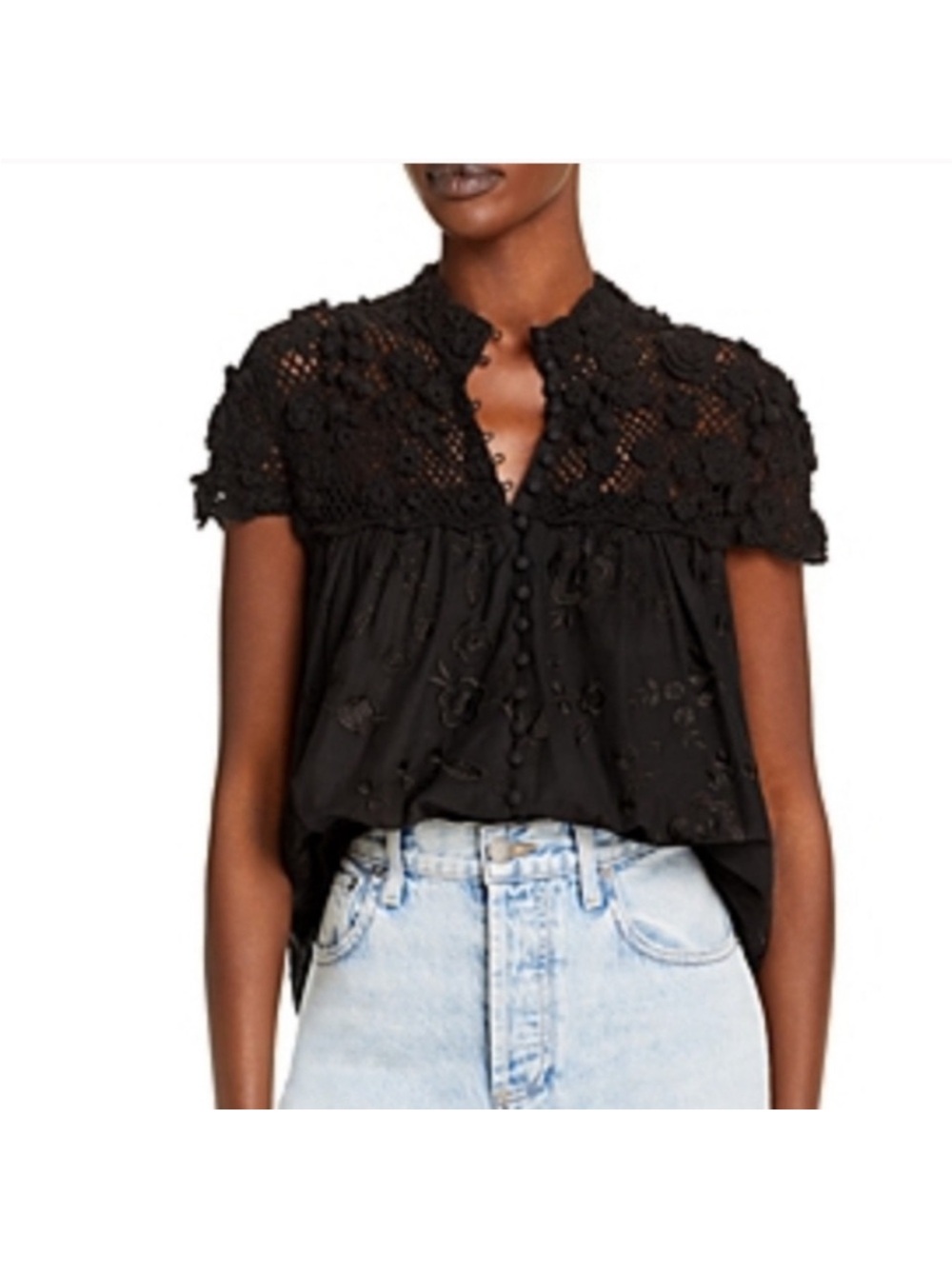 Alice + Olivia Black Crochet Yoke Button-Front Top